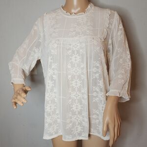 Indi & Cold Embroidered Cream Sheer Blouse Top Size Medium Ruffles 3/4 Sleeves